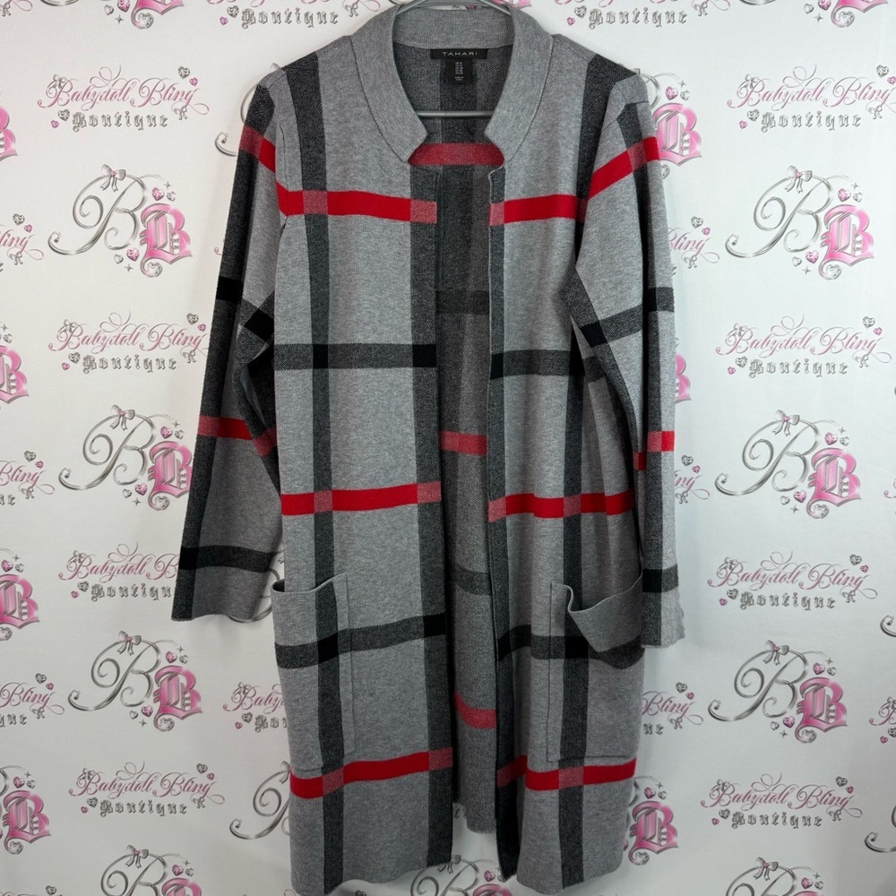 Tahari cardigan, open front waterfall, long pockets grey Red Plaid Sweater